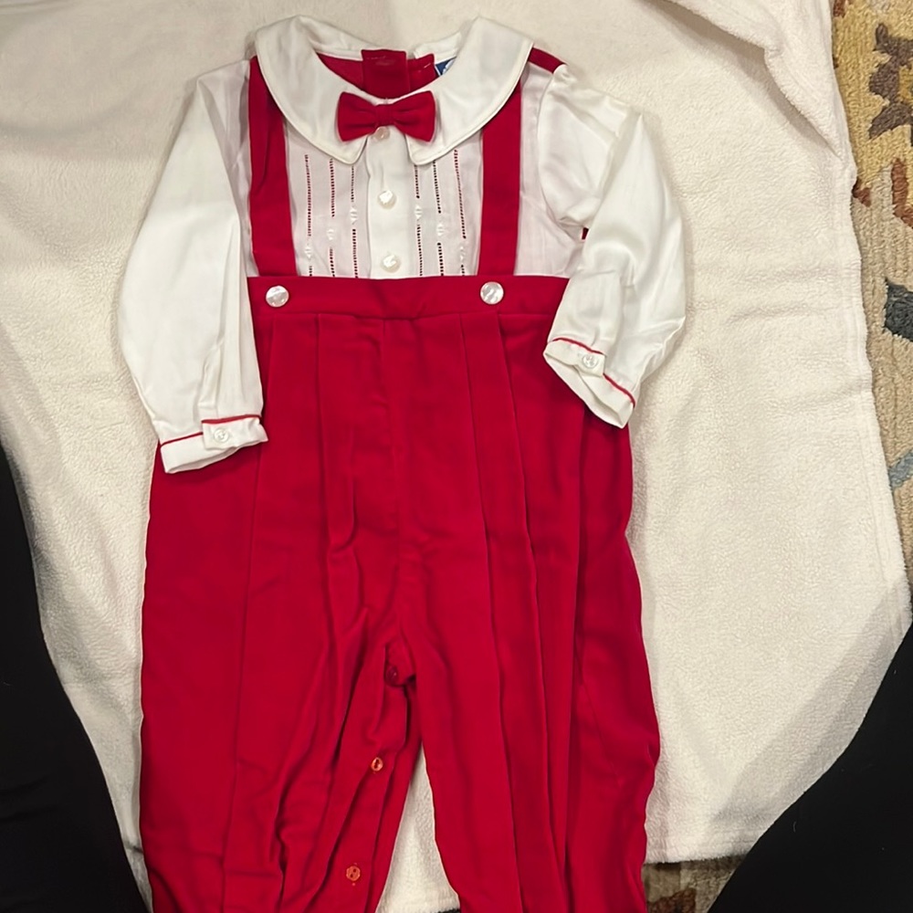 Christmas cute! Carriage Boutiques red velveteen one piece suit with bow tie